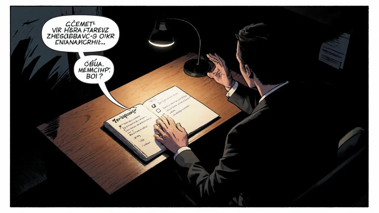 Člověk si v temné kanceláři kontroluje seznam otázek pro výběr terapeuta.