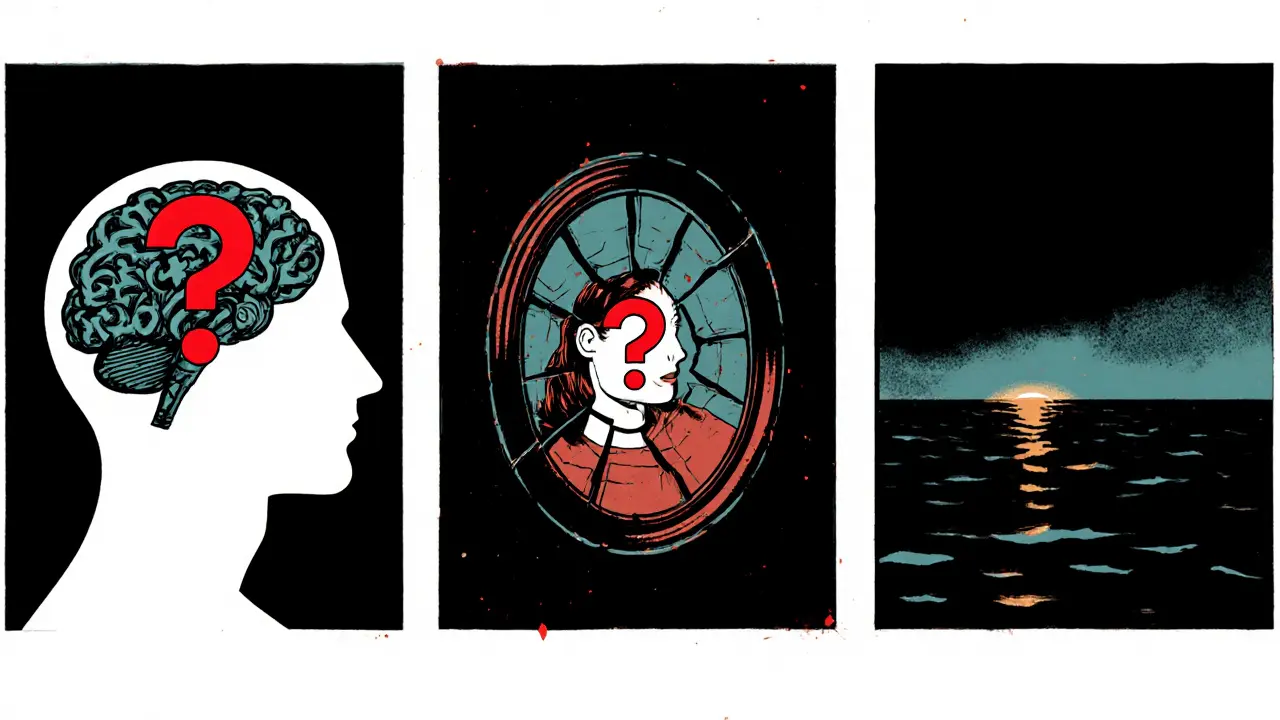 Tři panely zobrazují symboly KBT, gestalt terapie a psychodynamické terapie ve stylu noir.