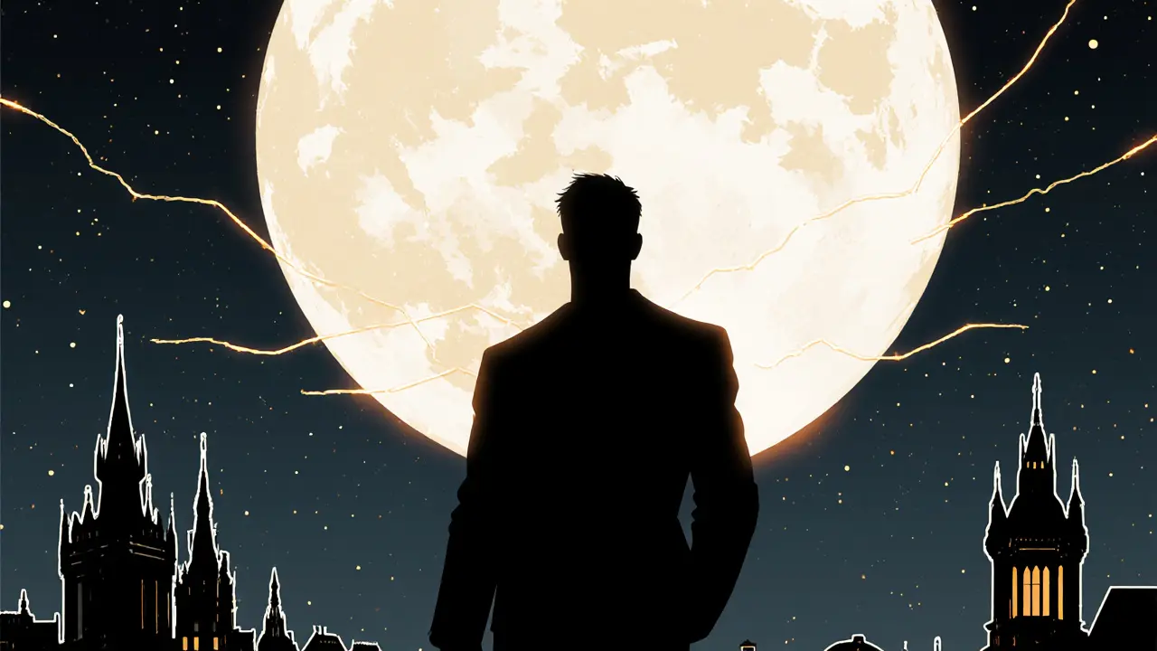 Osoba stojí na střeše, sleduje východ slunce nad pražským panoramatem, symbolizuje růst.