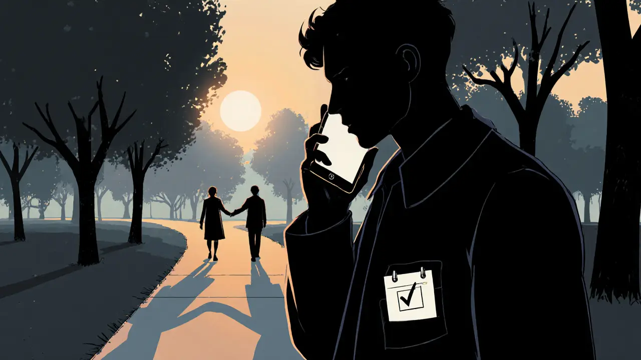 Přátelství a následná péče: osoba kontroluje telefon, kalendář a prochází se v parku, světlo zvyšuje naději.