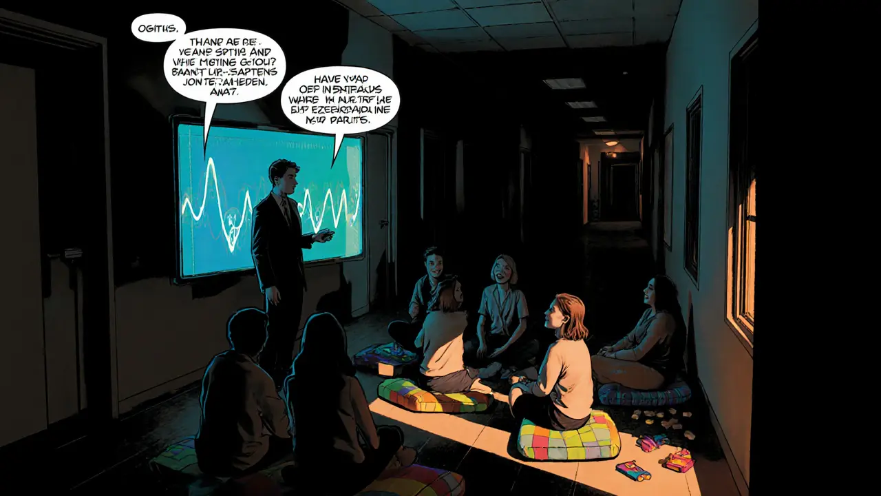 Skupina rodičů na workshopu, AI hologram pomáhá komunikaci, optimistická atmosféra.