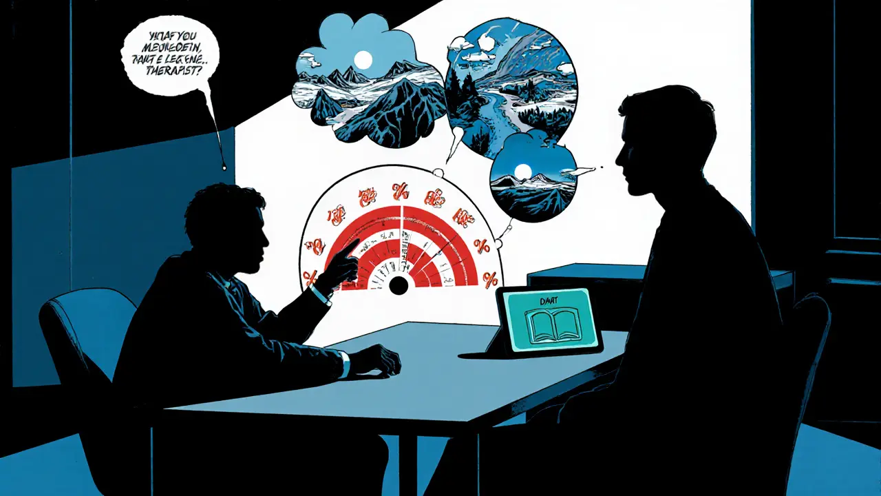 Terapeut ukazuje škálu 0‑100 % a digitální deník během sezení, s myšlenkovou bublinou budoucnosti.