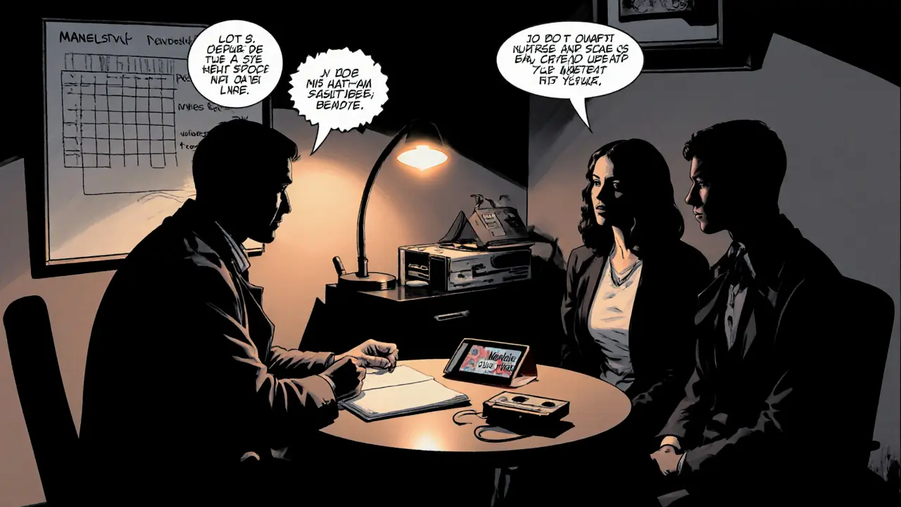 Terapeut vede pár během sezení, v komiksovém noir stylu s myšlenkovými bublinami.