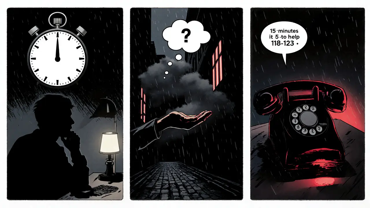 Tři panely zachycují rychlou identifikaci rizika, hodnocení plánu a aktivaci pomoci s telefonem a výraznými stíny.