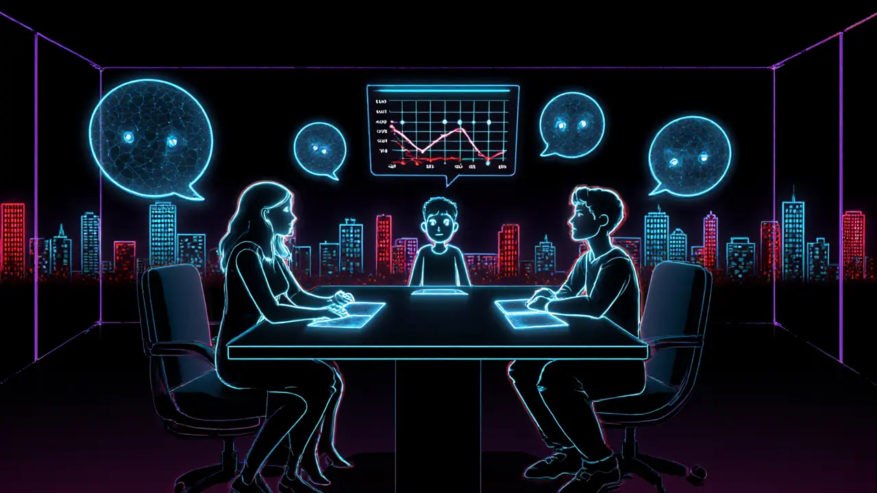 Budoucí online terapie s holografickými avatary, AI grafy a rozšířenou realitou v noir komiksu.