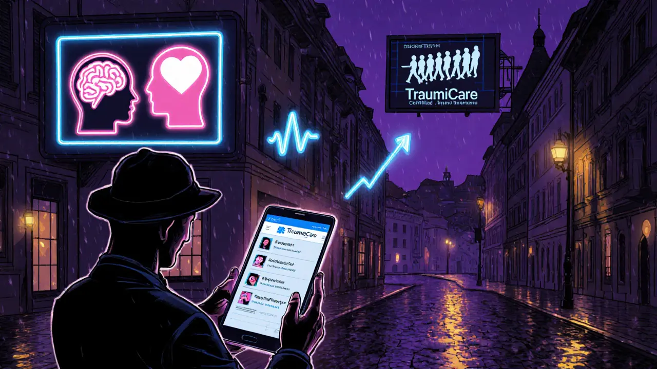 Detektiv prohlíží hologram certifikovaných terapeutů a aplikaci TraumaCare na futuristické pražské ulici.