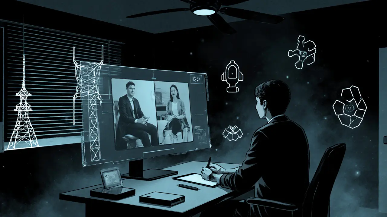 Hybridní terapie – kombinace obrazovky a fyzické přítomnosti, futuristické město.