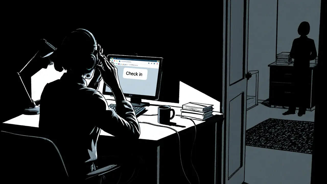 Klient připravuje techniku, kontrola kamery a sluchátek v temném pokoji.