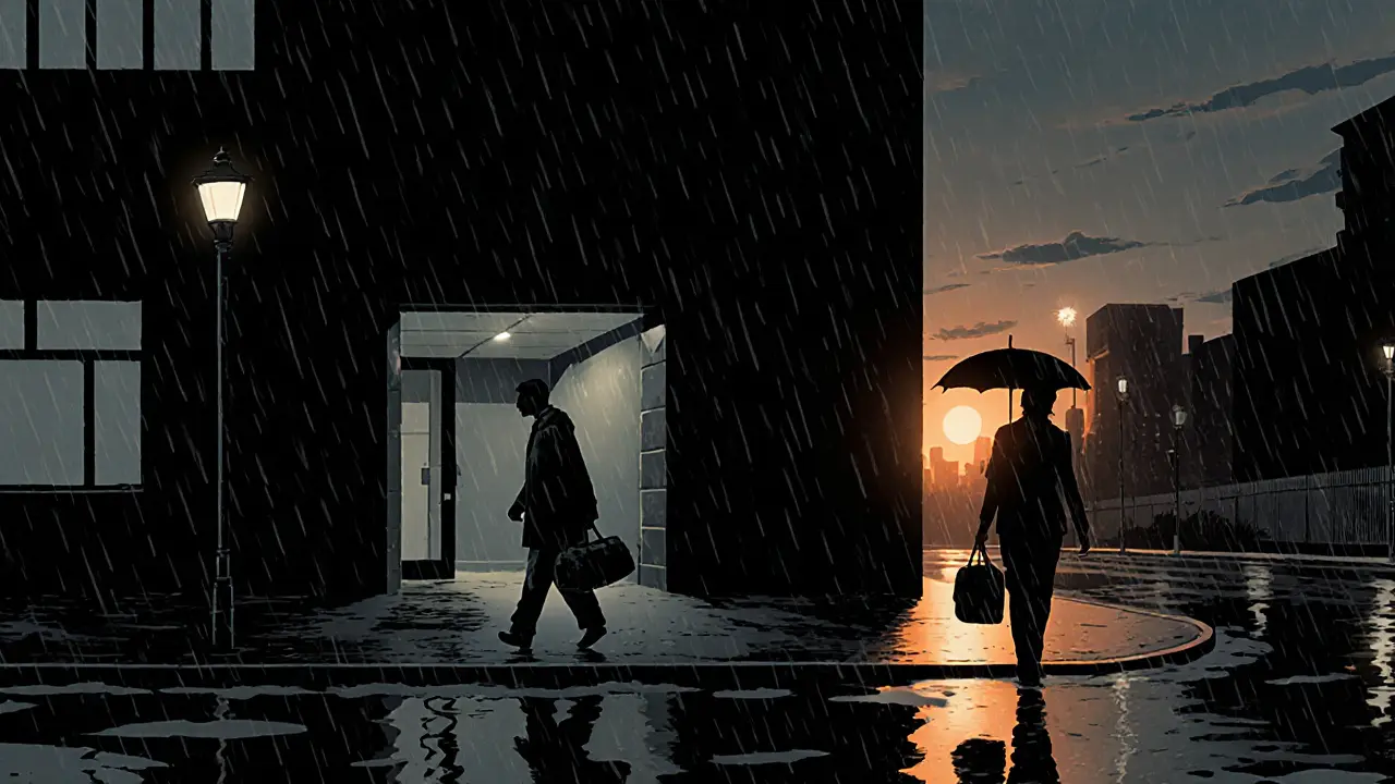 Pacient a rodina vycházejí ze zařízení, městské ulice při svítání, noir komiksová atmosféra.