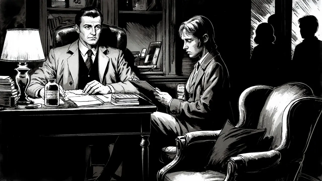 Psychiatr a pacient v temné ordinaci, léky a poznámky, noir komiks.