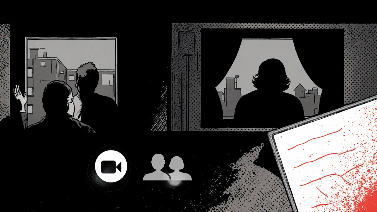 Skupinová online terapie: terapeut a dva partneři na obrazovce, ikony Zoom a Google Meet v temném comic stylu.