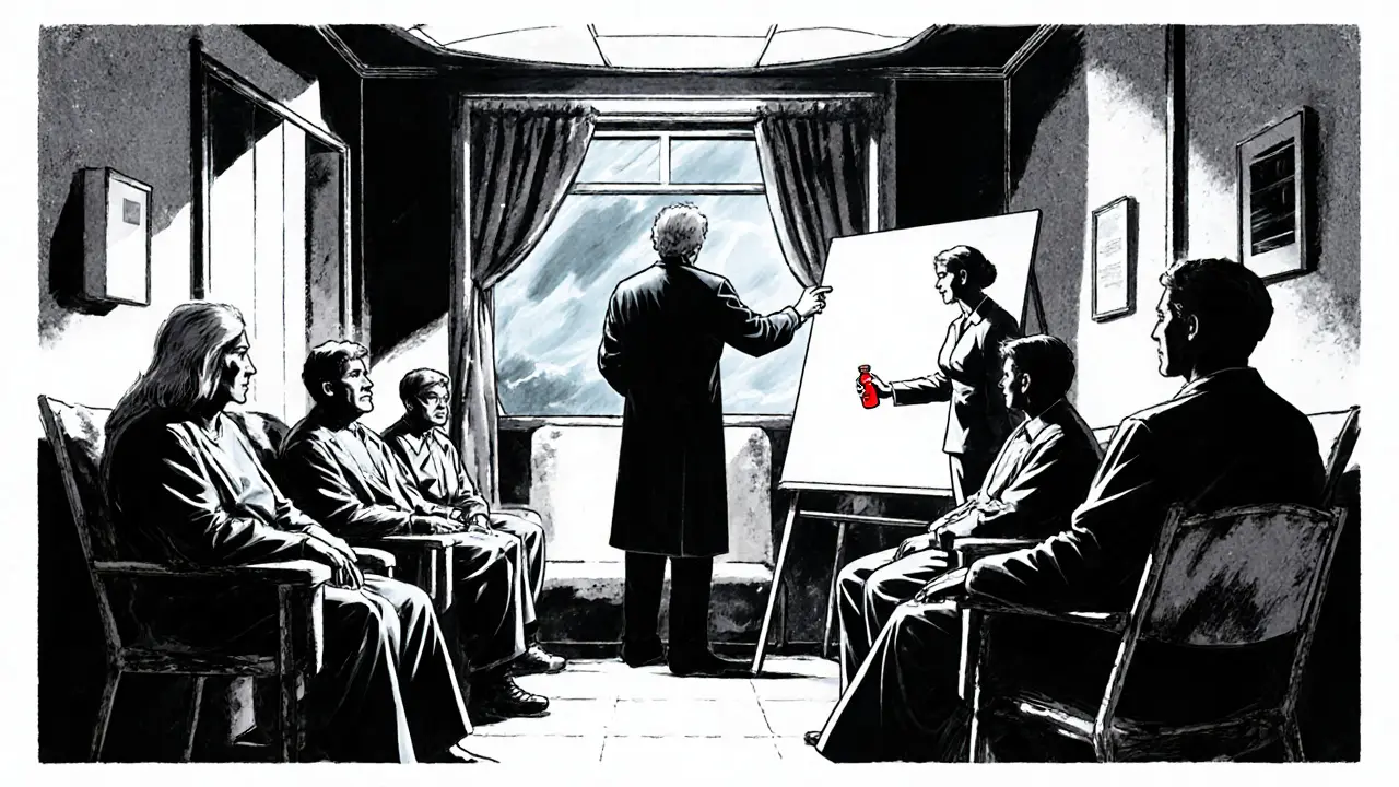 Skupinová terapie v nemocničním pokoji, postavy v kruhu, temné osvětlení noir stylu.