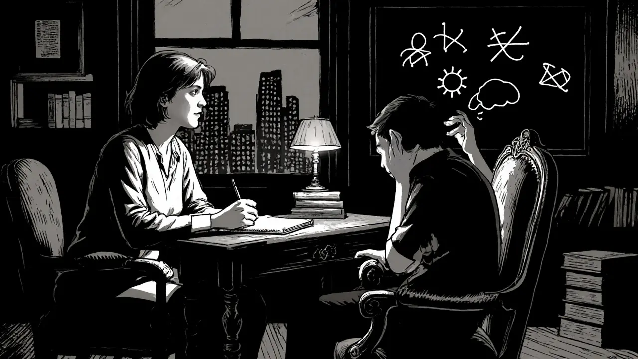 Teenager a terapeut během terapie, osvětleni svíčkou v temné místnosti.