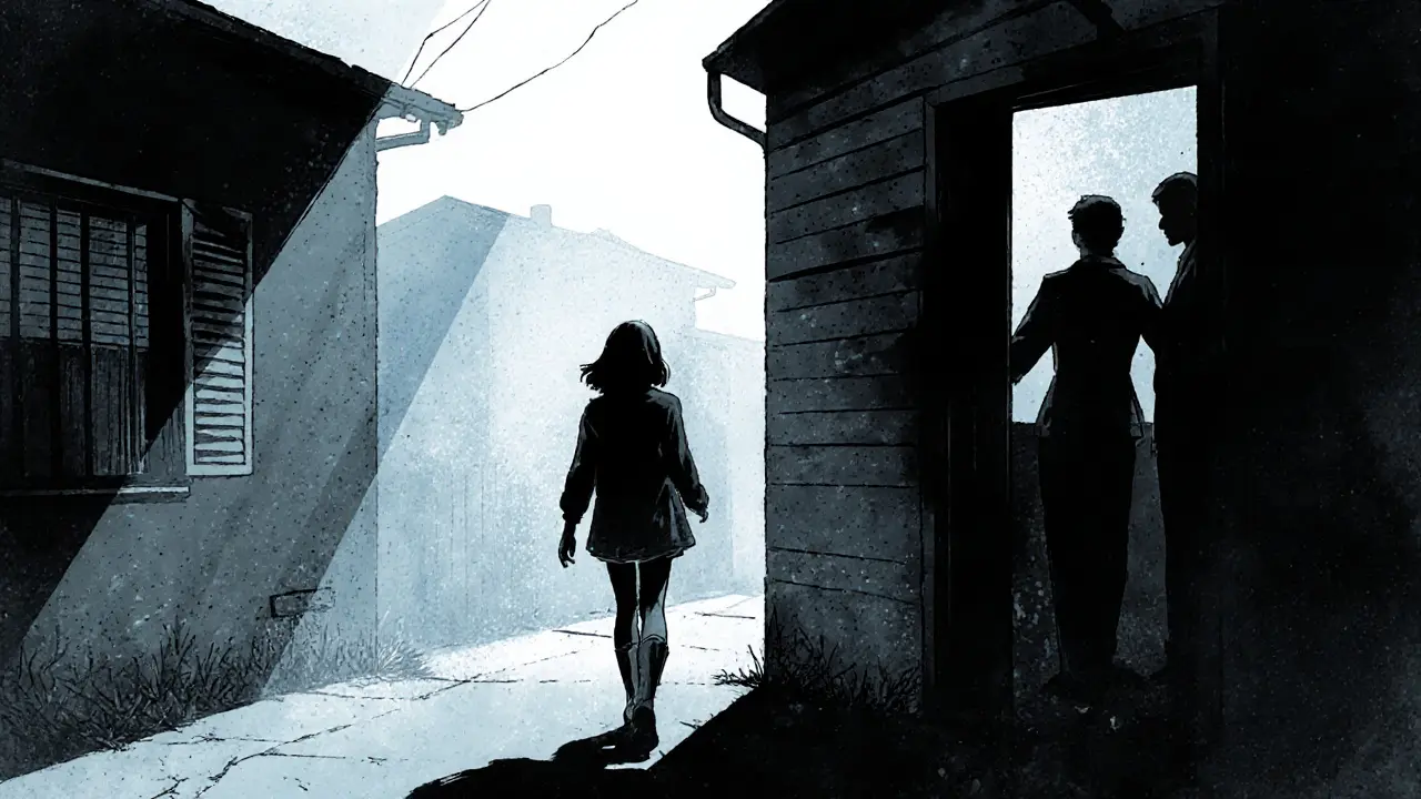 Teenager vychází z domu do slunečního paprsku, rodiče ji podporují.