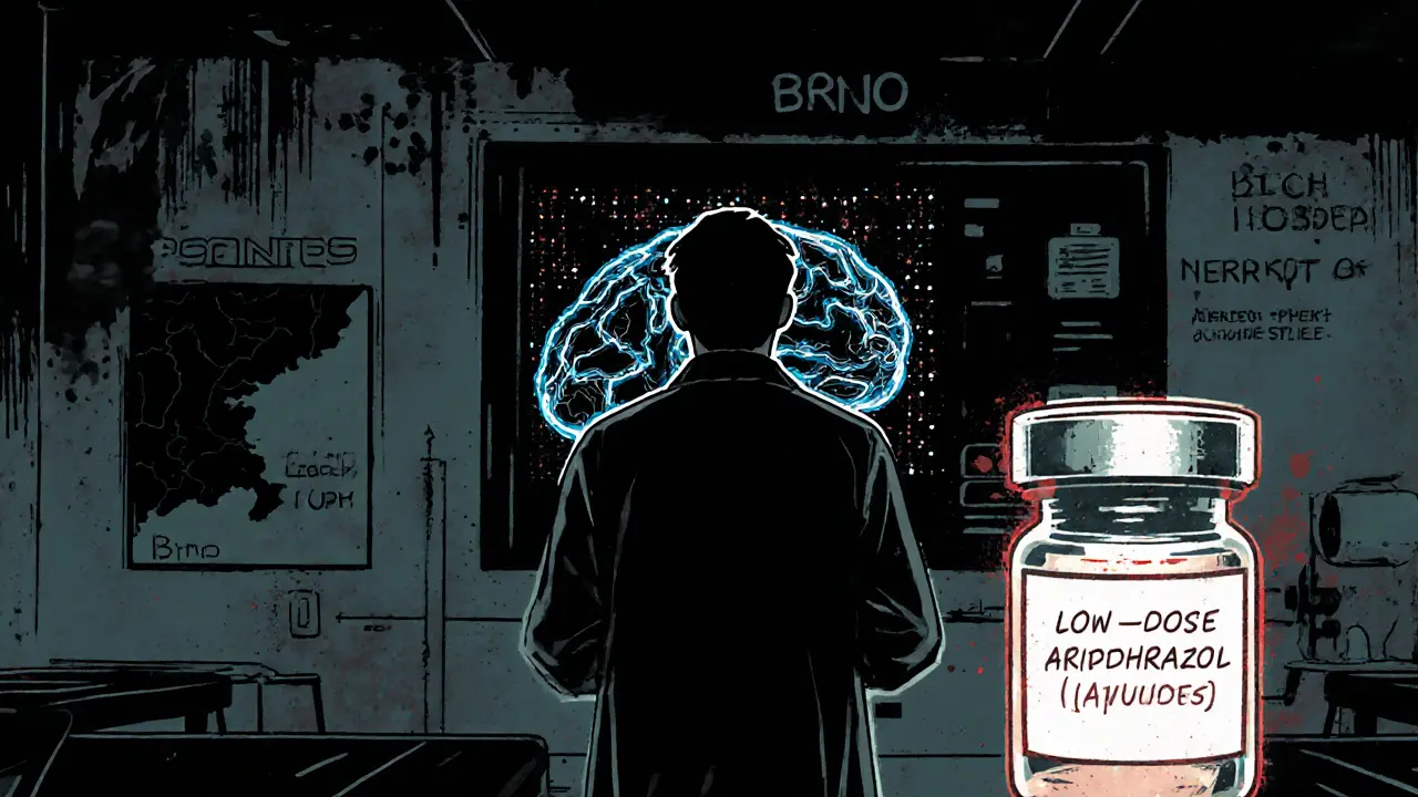 Vědec u hologramu AI s lékárnickou lázní, laboratoř, noir komiks.