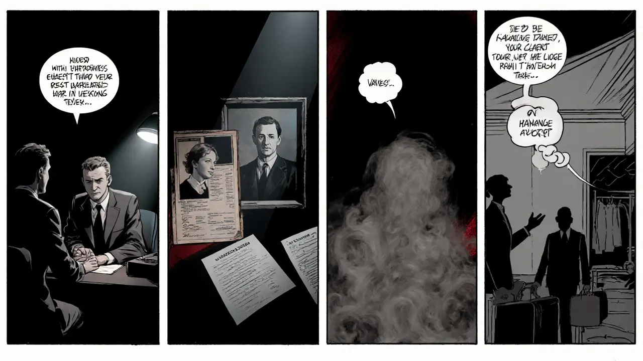 Čtyři komiksové panely ukazují přímou, nepřímou, hodnotovou a sociální část anamnézy.