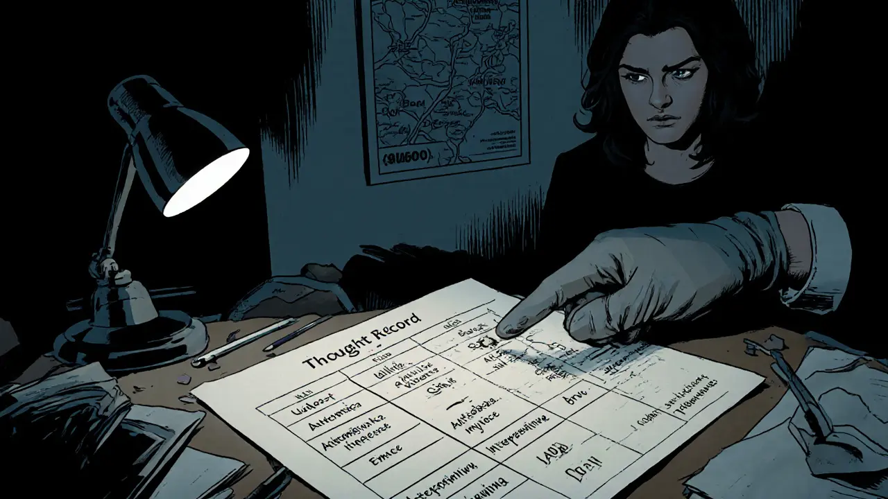 Formulář Záznam myšlenek v češtině, terapeut ukazuje alternativní interpretaci.