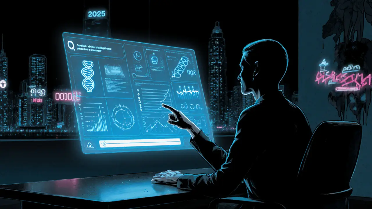 Moderní terapeut s holografickým displejem a neonovým městem v noir stylu.