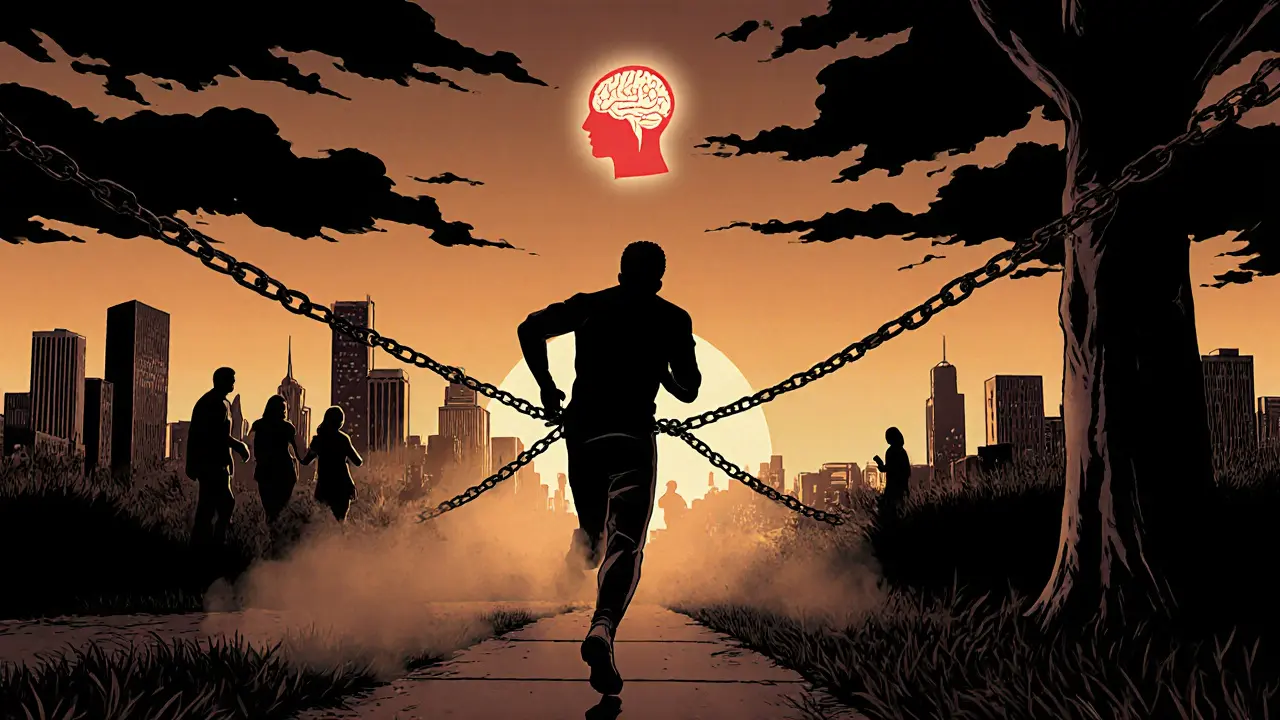 Osoba běží v parku, rozbíjí řetězy, za ní se objevují přátelé a světlejší obloha.