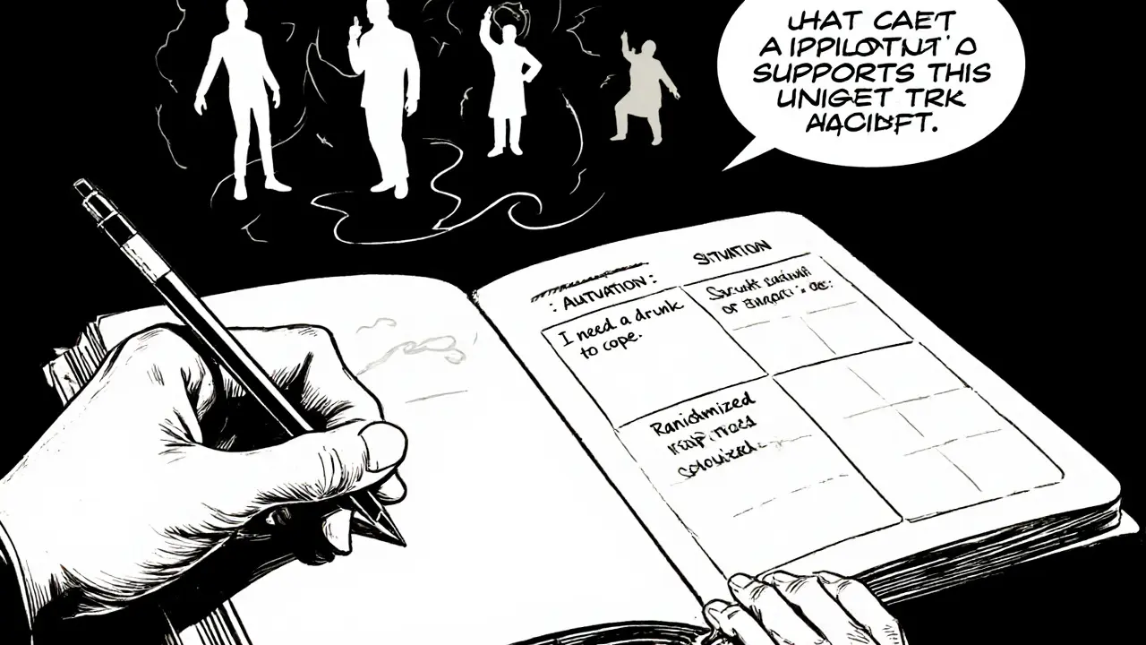 Scéna s pracovními sešity, třemi sloupci a Socratickými otázkami během terapie.