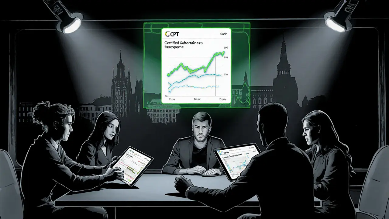 Skupina terapeutů používá mobilní aplikaci, hologram ukazuje růst certifikací.