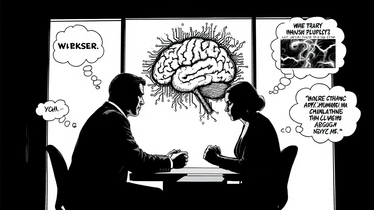 Terapeut a klient v kanceláři, v mysli klienta se rozplétá soubor myšlenek a chemie.