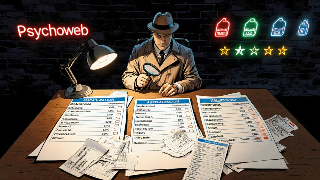 Detektiv s lupou porovnává čtyři online katalogy terapeutů, zobrazené v noir komiksu.