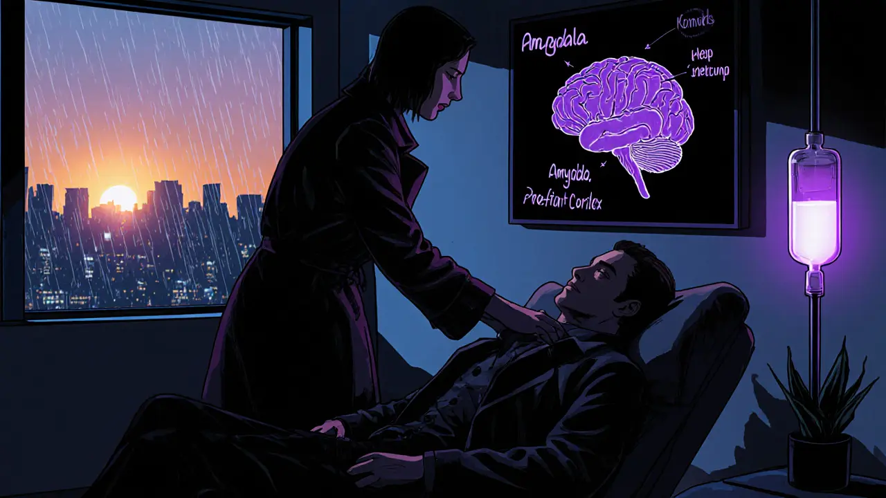 Futuristická terapie s ketaminovým infuzí, osobní mapou mozku a nádechem naděje v okně.