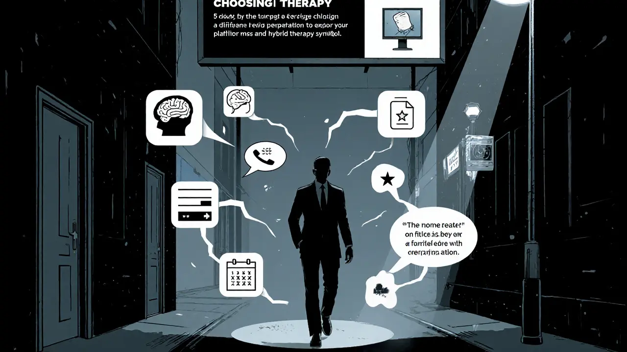 Postava postupuje po schématu výběru terapeuta, s ikonami filtrů a hybridní terapie, v noir komiksu.