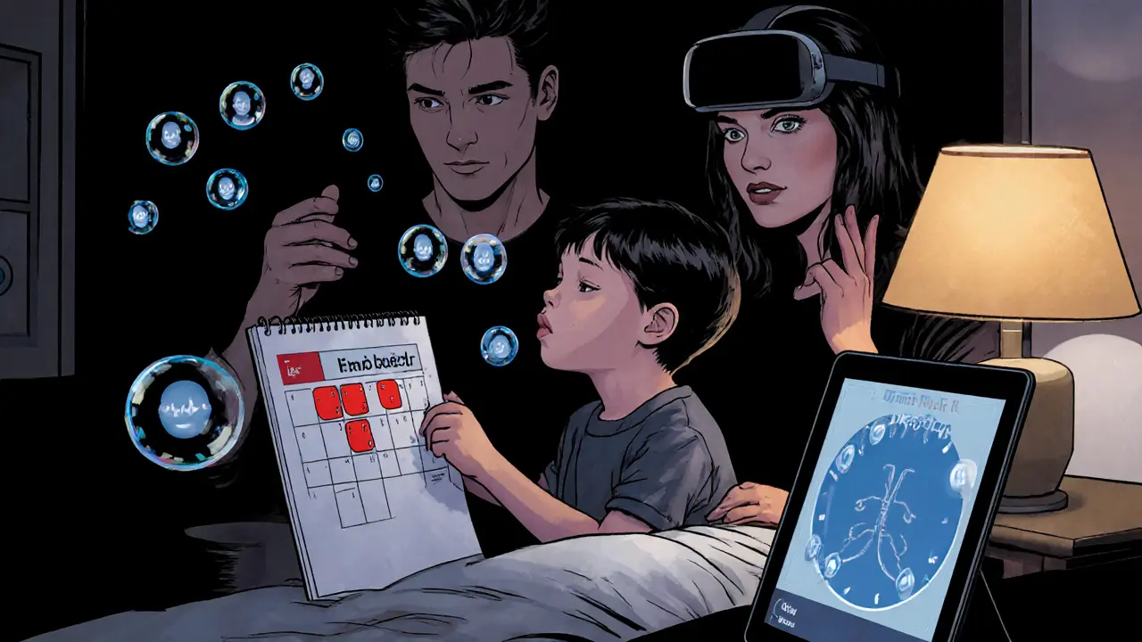 Rodič s dítětem používají emoční kalendář a bubliny s AR efekty.