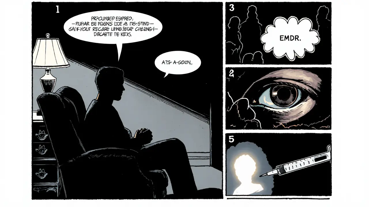 Terapeutické sezení v temném pokoji s pětmi panelovými zobrazeními metod PTSD terapie.