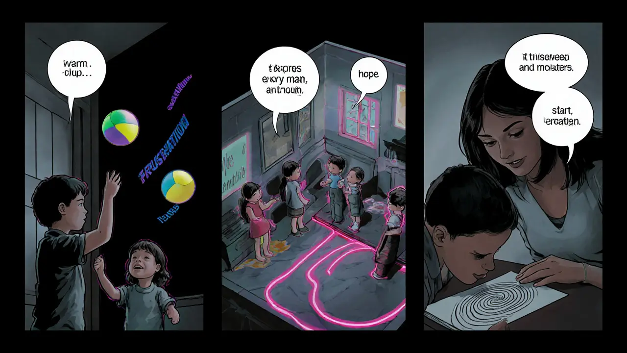 Tři panely zobrazuje rozcvičku, trénink s panenkami a uklidnění.