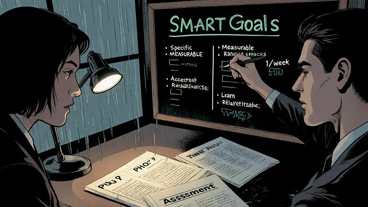 Klient a terapeut u tabule s SMART cíli a měřícími nástroji v noir stylu.