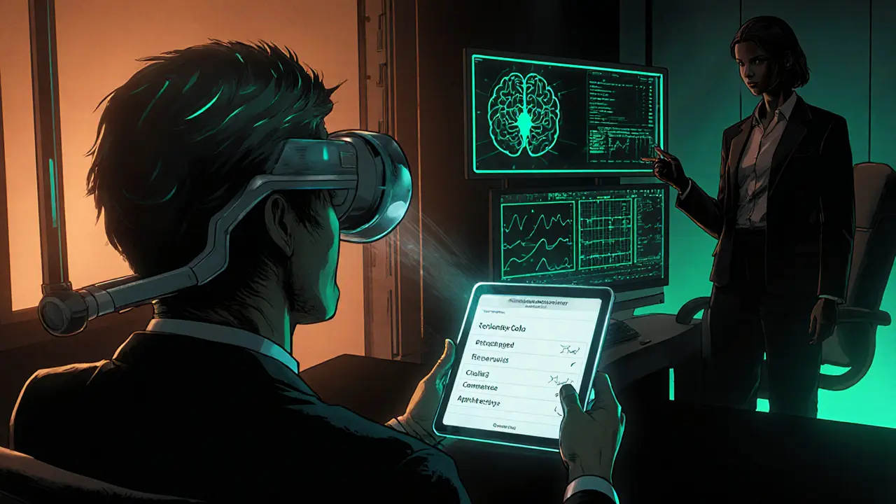 Pacient pod TMS zařízením používá digitální aplikaci, futuristické zařízení v noir stylu.