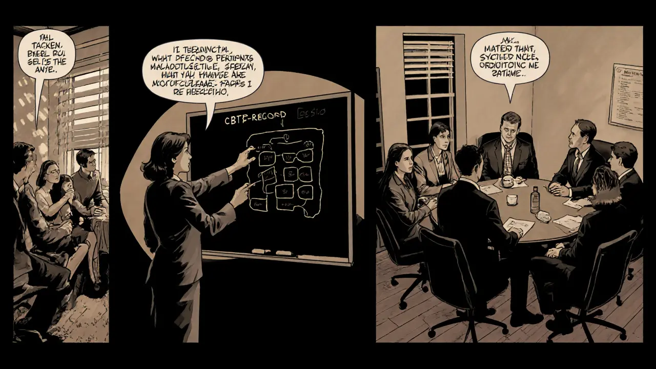 Panely zobrazují CBT‑E sezení, rodinnou terapii a tým odborníků v tmavém noir stylu.