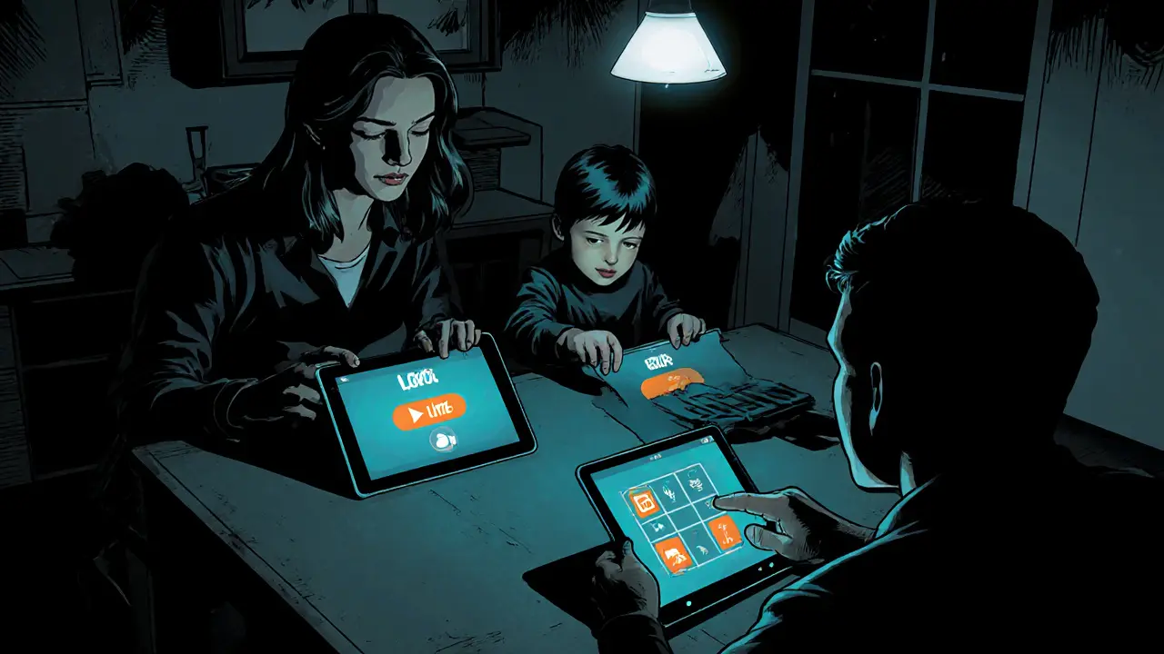 Rodina používá tablet s aplikací Avaz Lite při každodenní komunikaci.