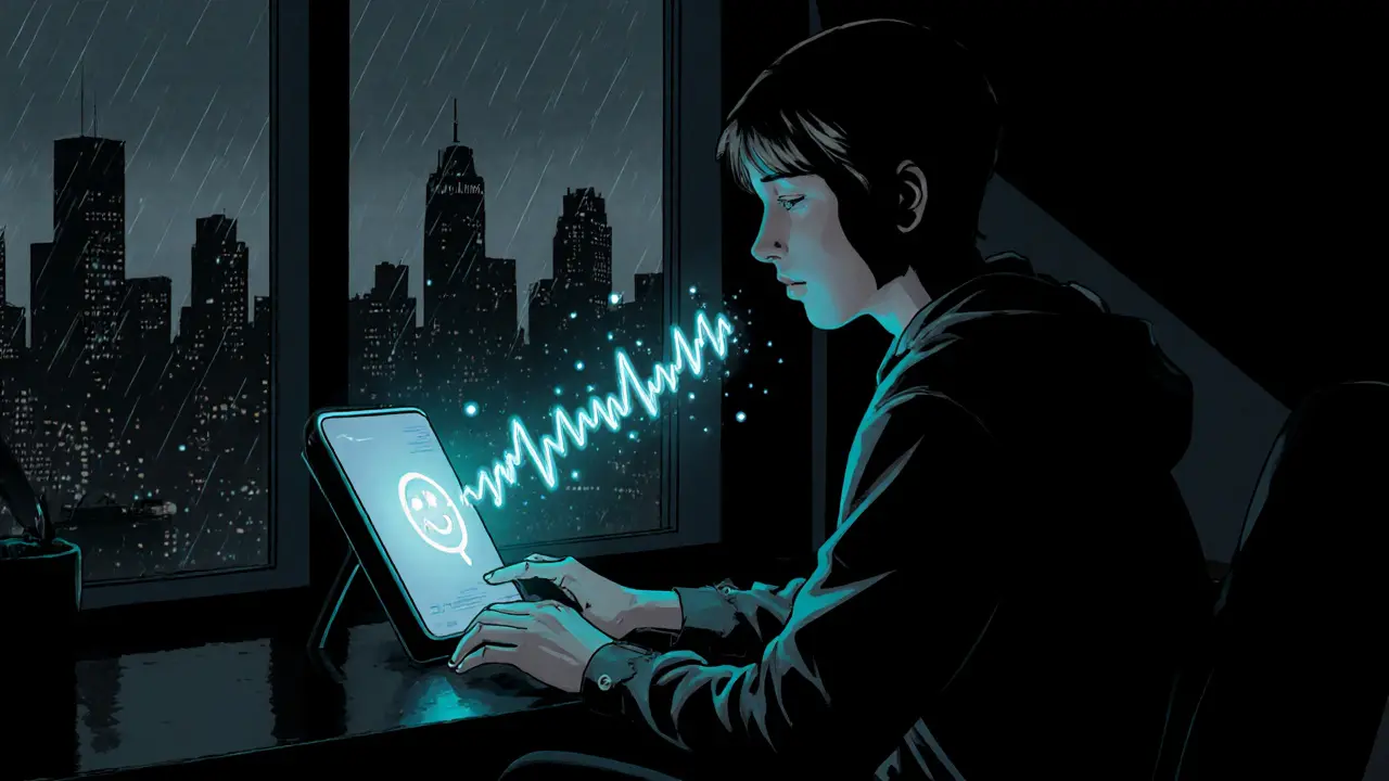 Teenager ovládá moderní AI komunikační zařízení s detekcí emocí.