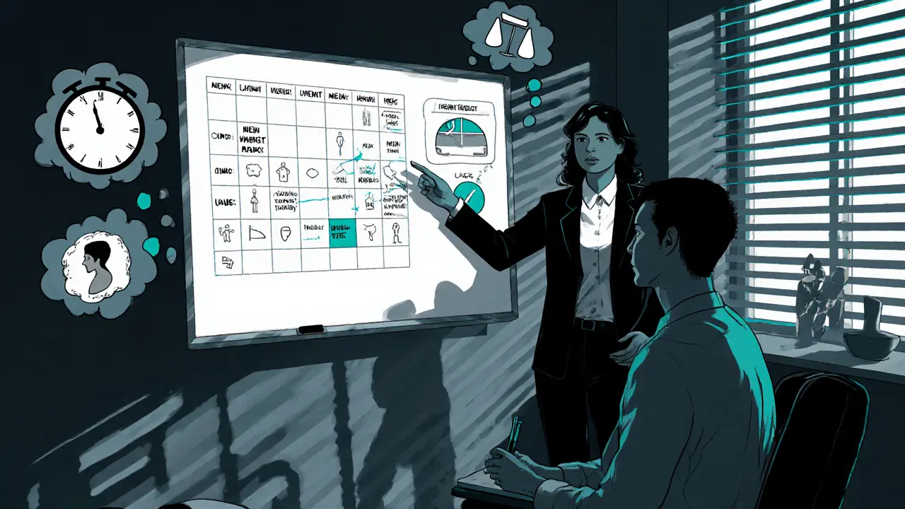 Terapeut a pacient v kanceláři, s nástěnným plánem stravování a symbolickými myšlenkovými bublinami.