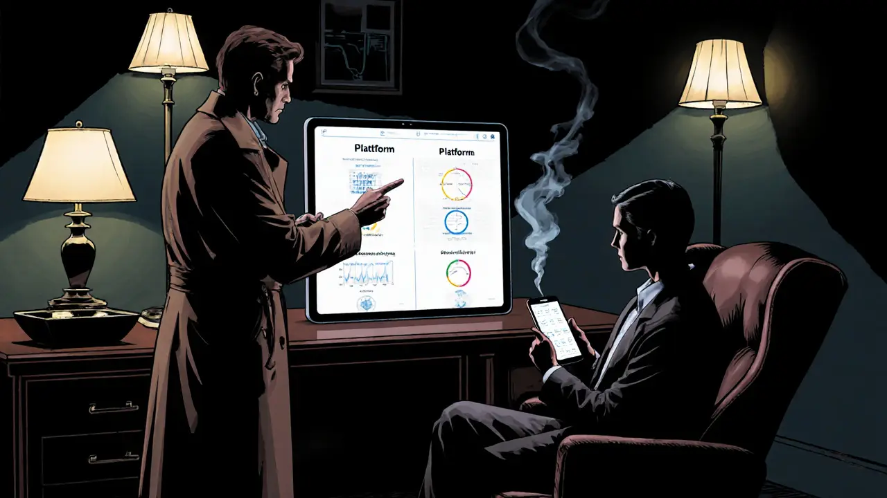 Terapeut ukazuje tablet s platformami, klient drží telefon, temná kancelář v noir komiksu.