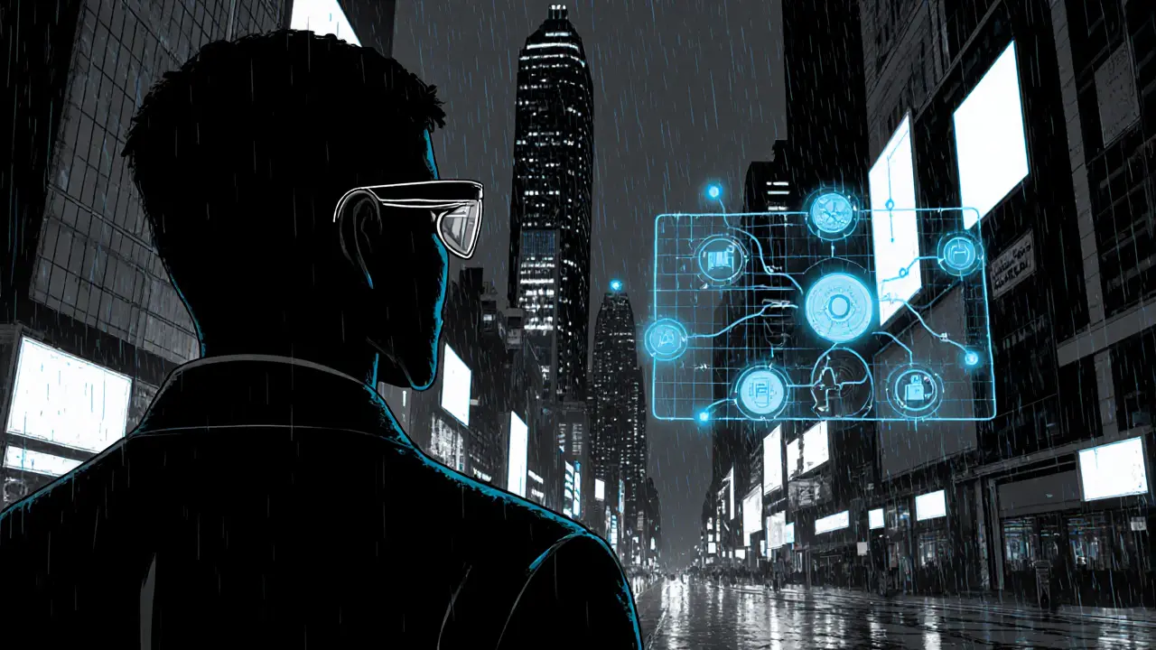 Uživatel s chytrými brýlemi sleduje hologram AI v deštivém futuristickém městě, noir atmosféra.