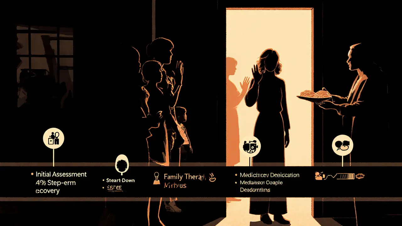 Zdravší pacientka stojí v osvíceném prahu, rodina a terapeut ji podporují, znázorněna cesta zotavení.