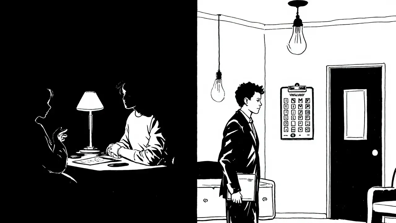 Dva obrázky: rozhovor s rodičem a s dospívajícím během screeningu.