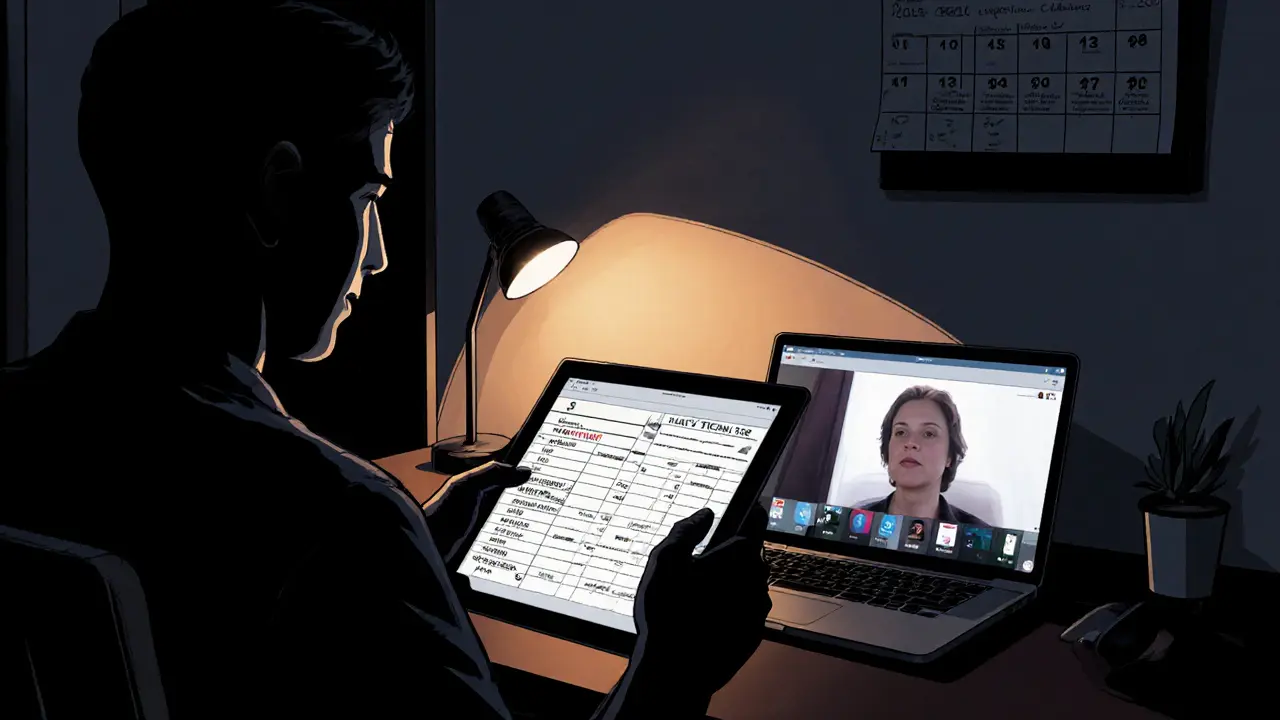 Klidný večer doma, rozpočet na tabletu, video hovor s terapeutem, kalendář.