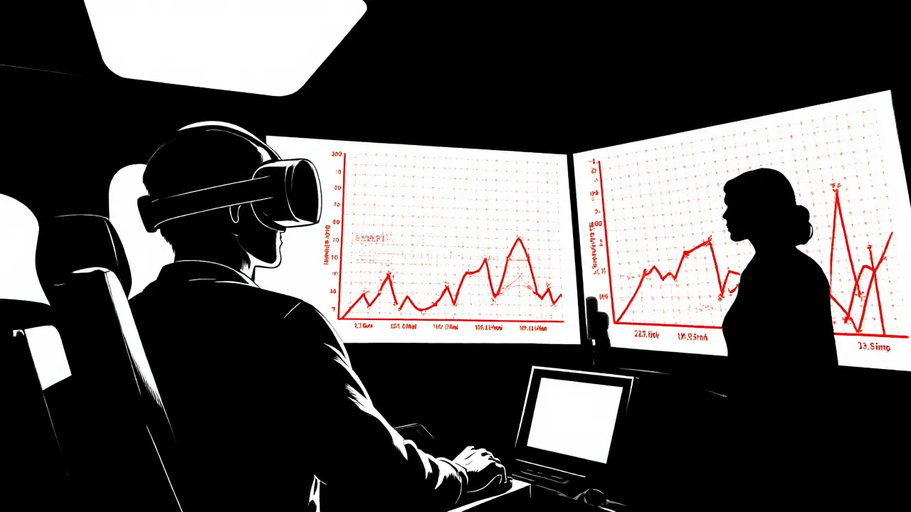 Pacient ve virtuální kabině letadla, zatímco se na panelu zobrazují data srdeční frekvence.