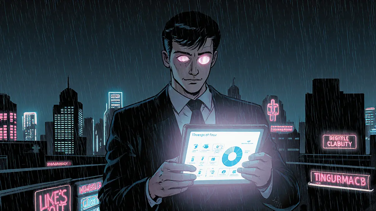 Postava na střeše města v noci, s tabletovým rozhraním a neonovými nápisy.