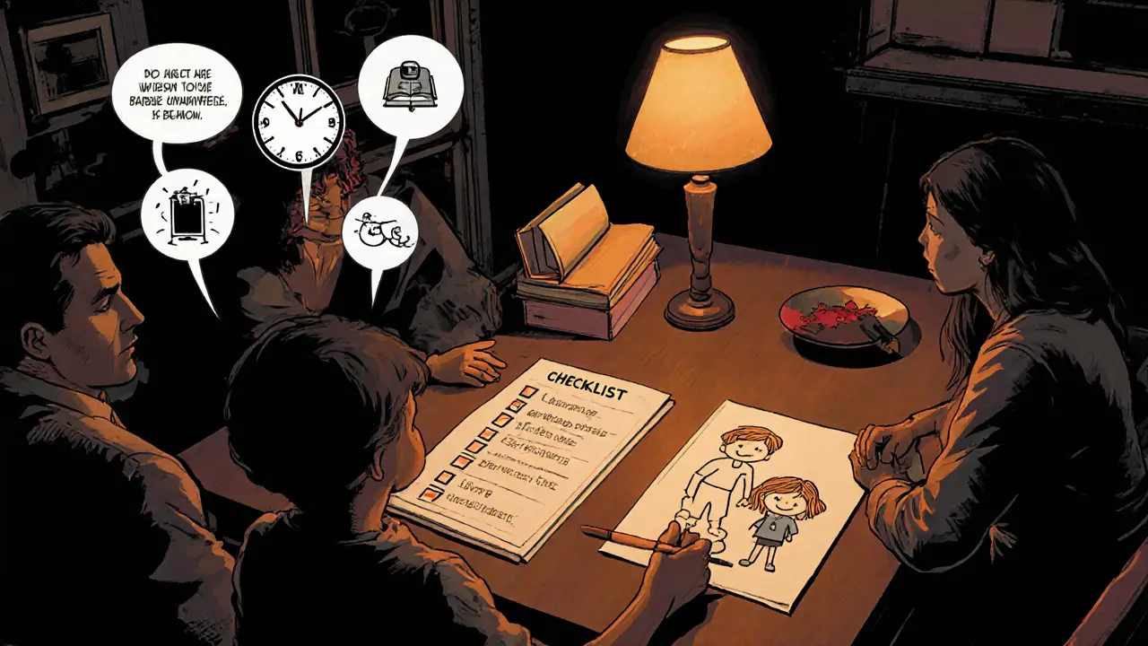 Rodiče společně kontrolují seznam podpory, zatímco dítě si hraje v klidném prostředí.