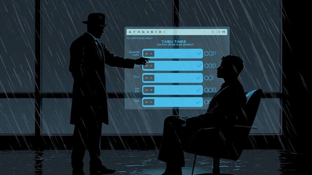 Terapeut a klient sledují holografický AI‑adaptivní pracovní list ve stylu noir.