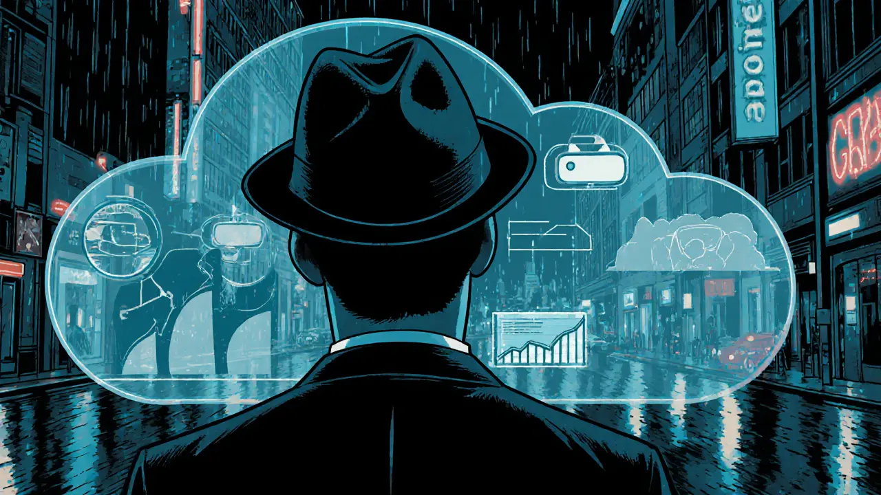 Terapeut analyzuje cloudová data na holografické obrazovce, zatímco v pozadí roste městská silueta.