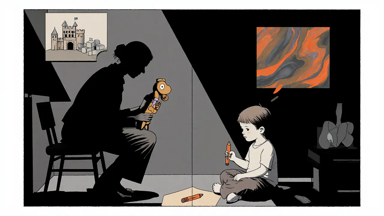 Terapeut pomáhá dítěti vyjádřit emoce pomocí her a kreslení v temném pokoji.