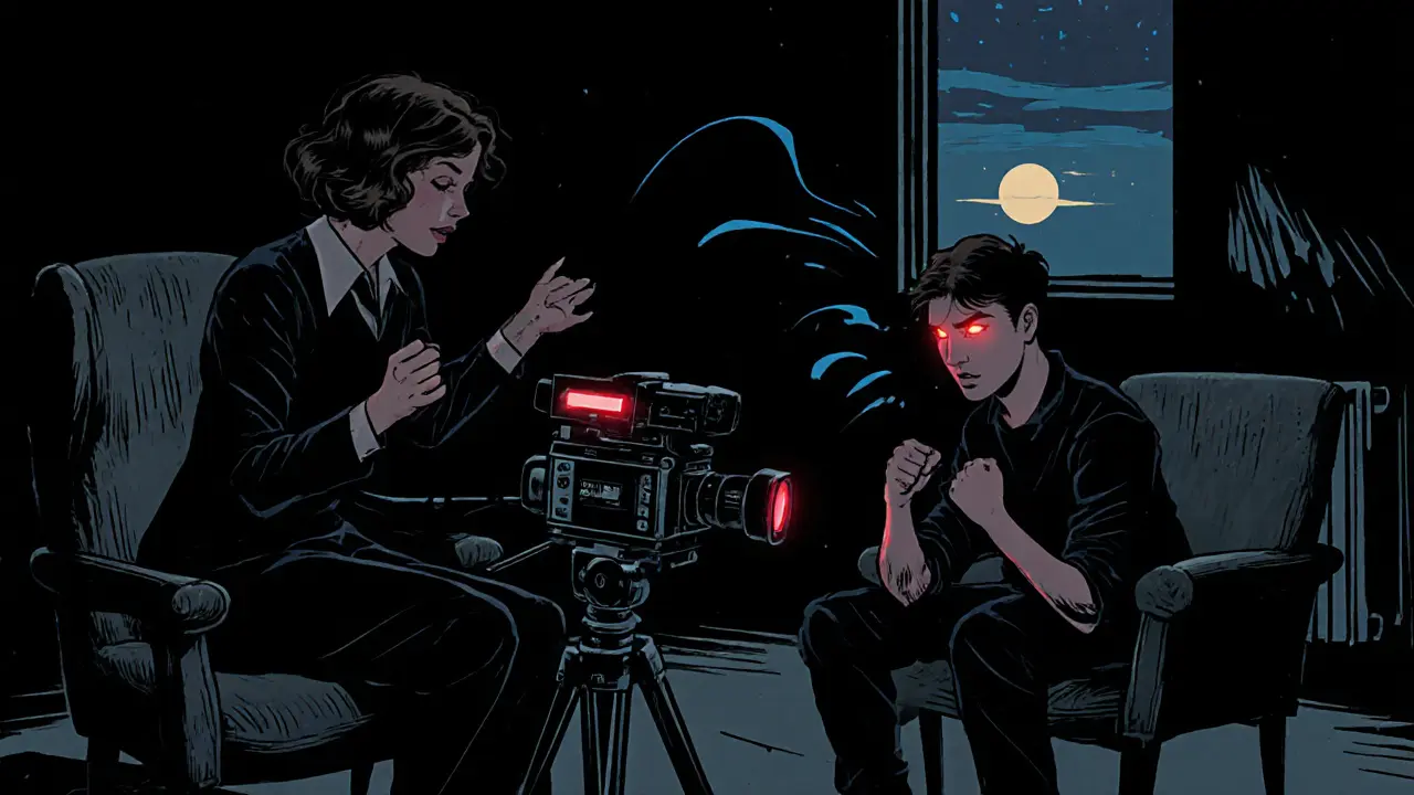 Terapeut uklidňuje rozzuřeného teen s kamerou, zaznamenává situaci.